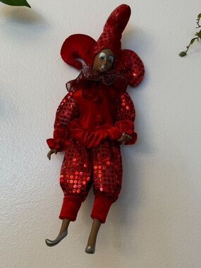 Vintage Harlequin Jester Doll – Dark-Skinned, Red Sequin Collectible